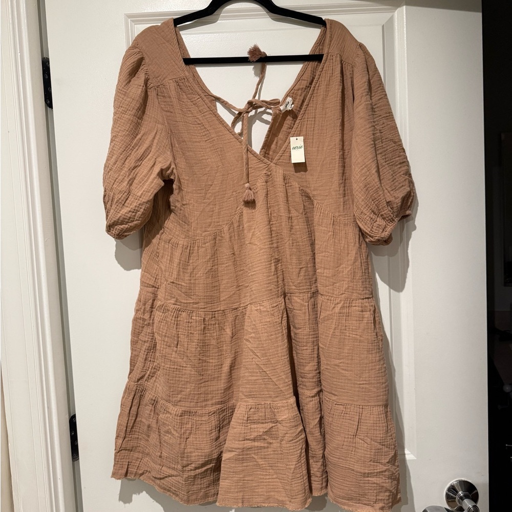 Aerie Tan Dress with Puff Sleeves